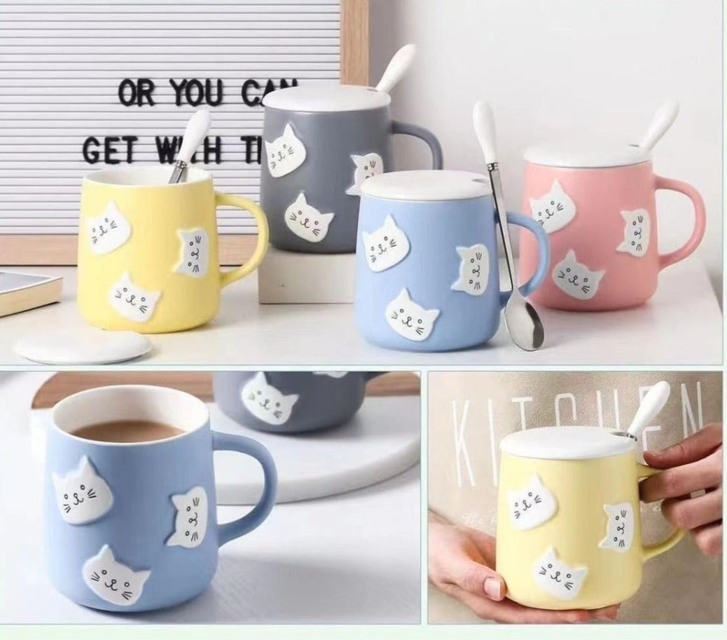 Cat Ceramic mug with spoon and lid - Rimelyn