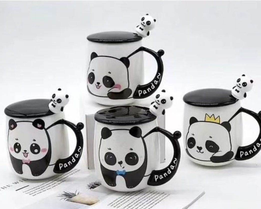 Panda glass mug with spoon and lid - Rimelyn