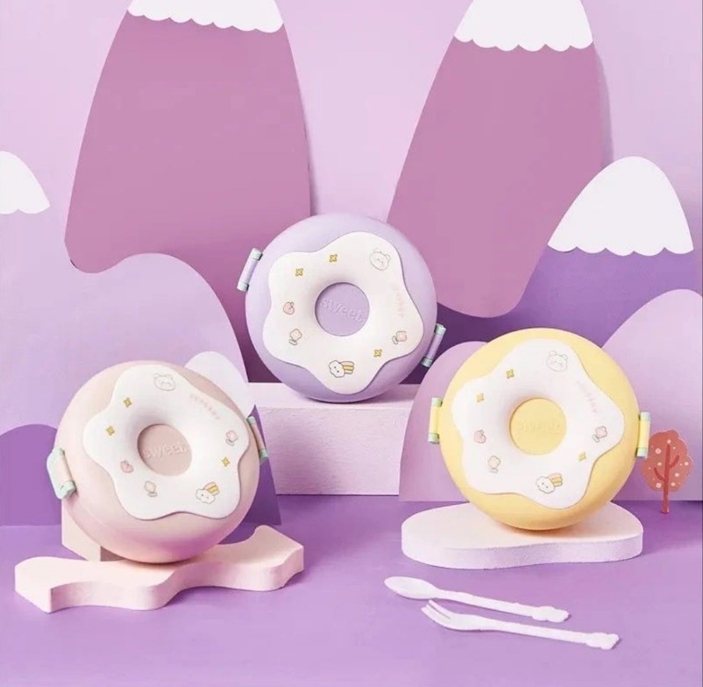 Lunch box donut with spoon and fork