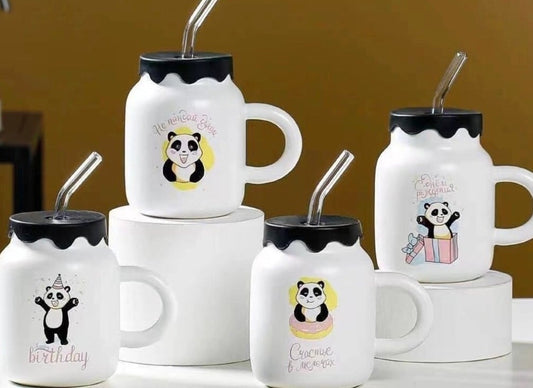 Panda ceramic mug with silicone cover and glass straw - Rimelyn