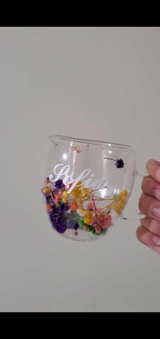 Customized floral double glass cup