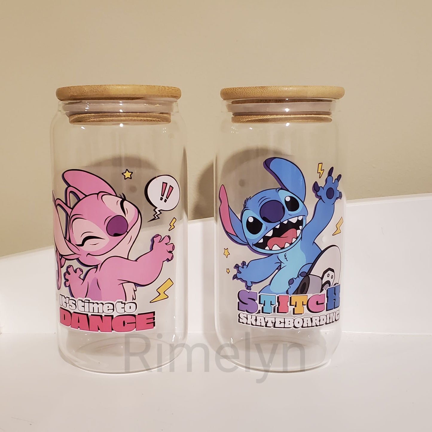 Stitch and angel jars with glass straw